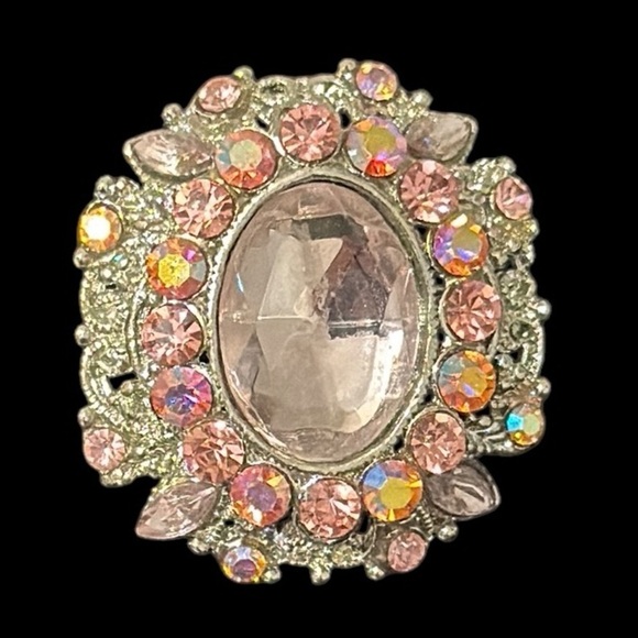 Silvertone brooch pin clear and pink rhinestones, glass costume fashion estate - Picture 1 of 10